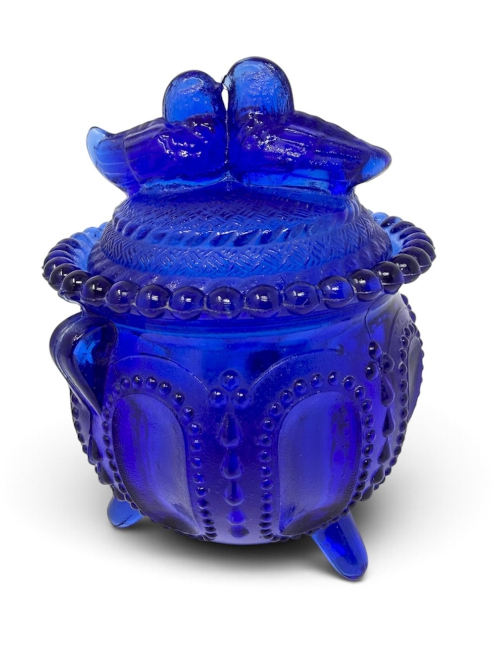 Hofbauer Byrdes Cobalt Blue Glass Lidded Candy Jar Lovebirds